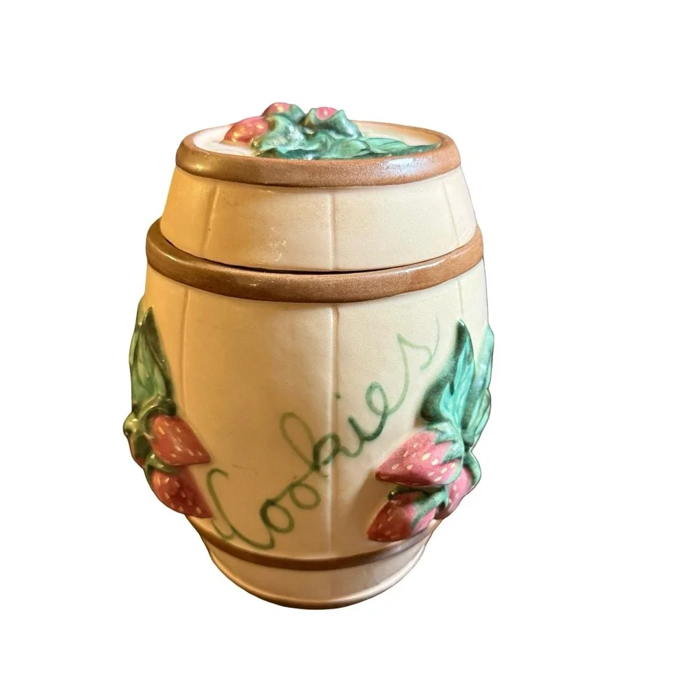 Vintage Hand Painted Ceramic Cookie Jar Barrel Cream Pink Strawberry Kitchenware